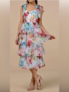 Lulu's White Multi Floral Tiered Midi Dress with Tie Straps